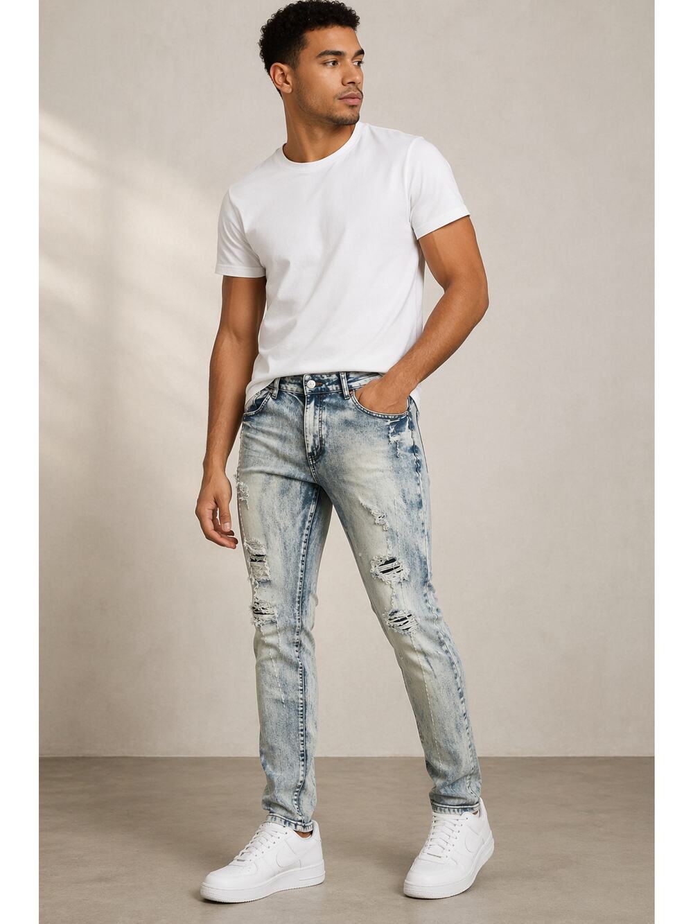 Street Jeans Men’s 38 Light Wash Distressed Skinny Acid Wash Retro Denim